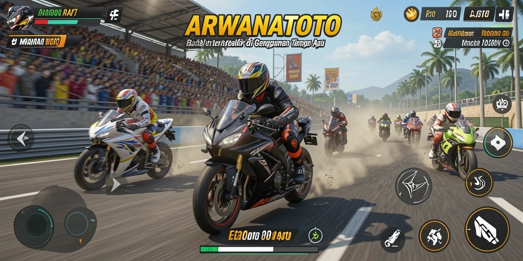 Tampilan gameplay ARWANATOTO yang mendebarkan dengan balapan motor intens.